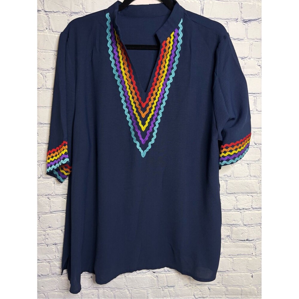 Boutique Navy Blue Rick Rack Deep V Neck Boho Artsy Cottagecore Tunic Blouse 2XL